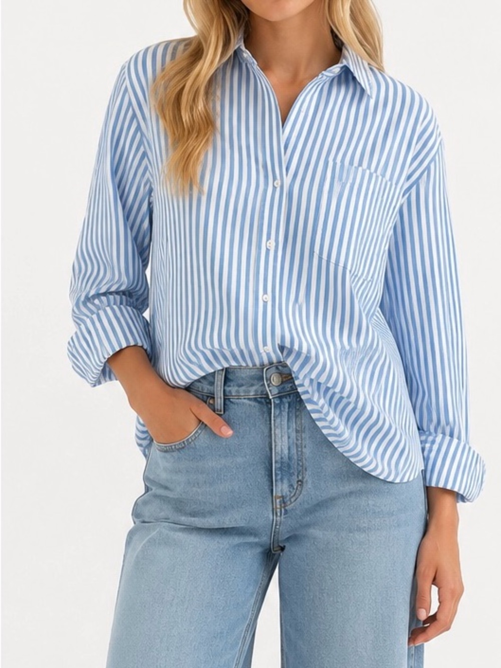 Aerie Long Sleeve Dad Shirt Blue Striped Button Down Medium Coastal Prep